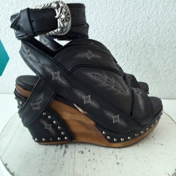 Lane Lexington Jet Black Leather Western Wedges Sandals Wood Heel Womens 8 - Picture 2 of 9
